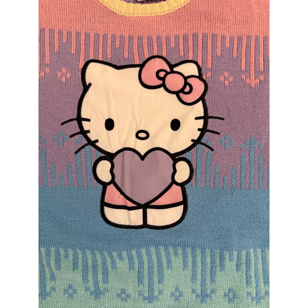 BoxLunch Sanrio Hello Kitty Pastel Rainbow Knit Sweater Heart Graphic Large - Picture 4 of 6